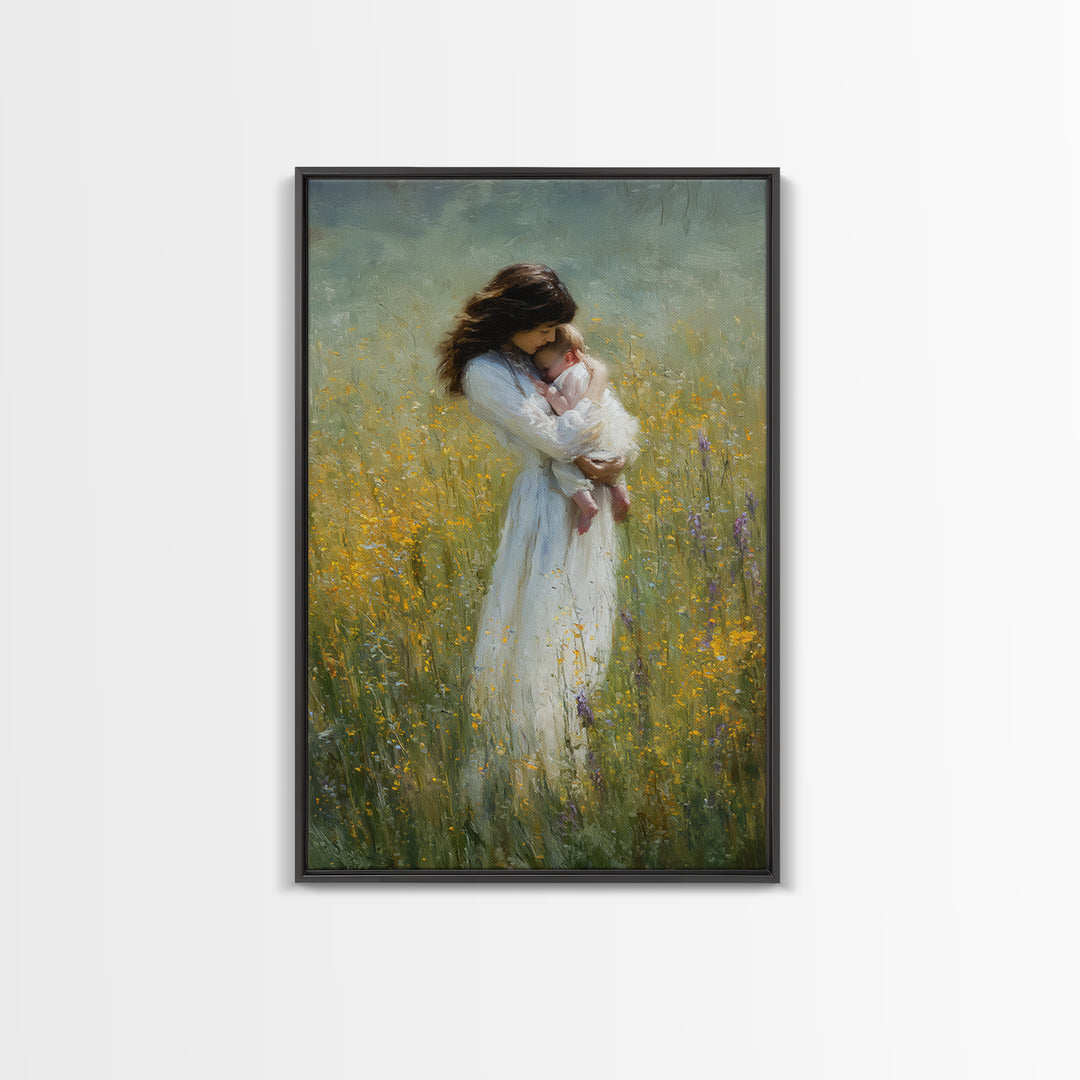 Tender Mother Cradling Newborn In Yellow Meadow Canvas Print, Motherhood Wall Art, Feminine Nursery Wall Decor, Gift For Mom
