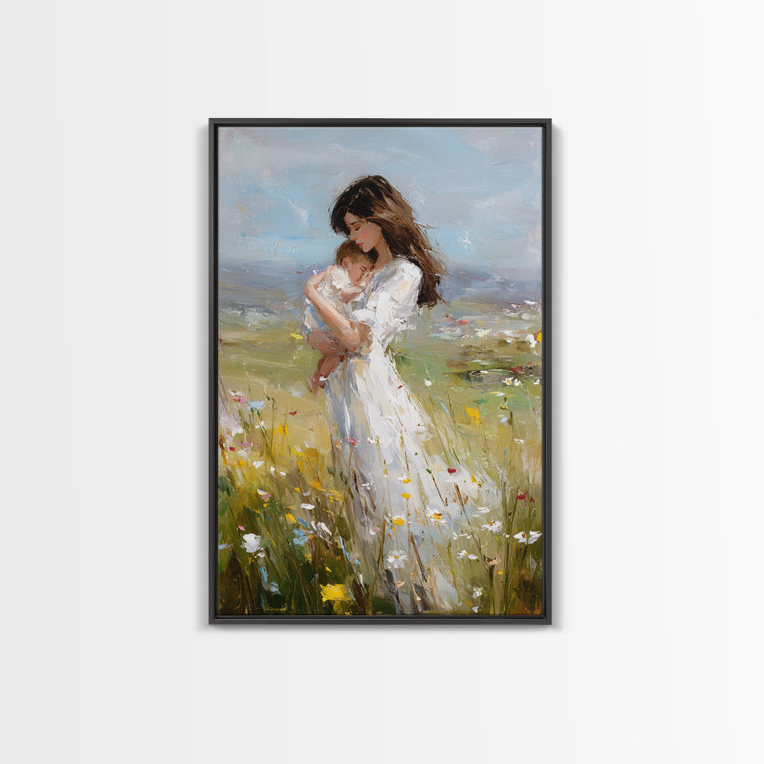 Mother Holding Sleeping Baby In Breezy Meadow Wall Art, Motherhood Canvas Print, Neutral Nursery Decor, Gift For Mom, Home Decor