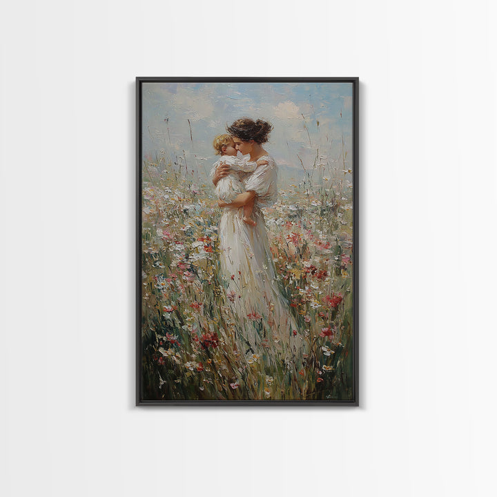 Mother Kissing Child In Wildflower Field Framed Canvas Print, Motherhood Wall Art, Floral Nursery Decor, Gift For Her, Home Decor