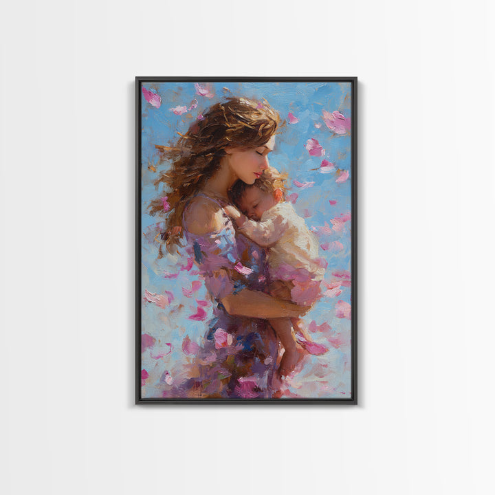 Tender Mother And Baby In Pink Petals Wall Art, Impressionist Oil Painting Print For Nursery, Bedroom, Gift For Mom, Home Decor