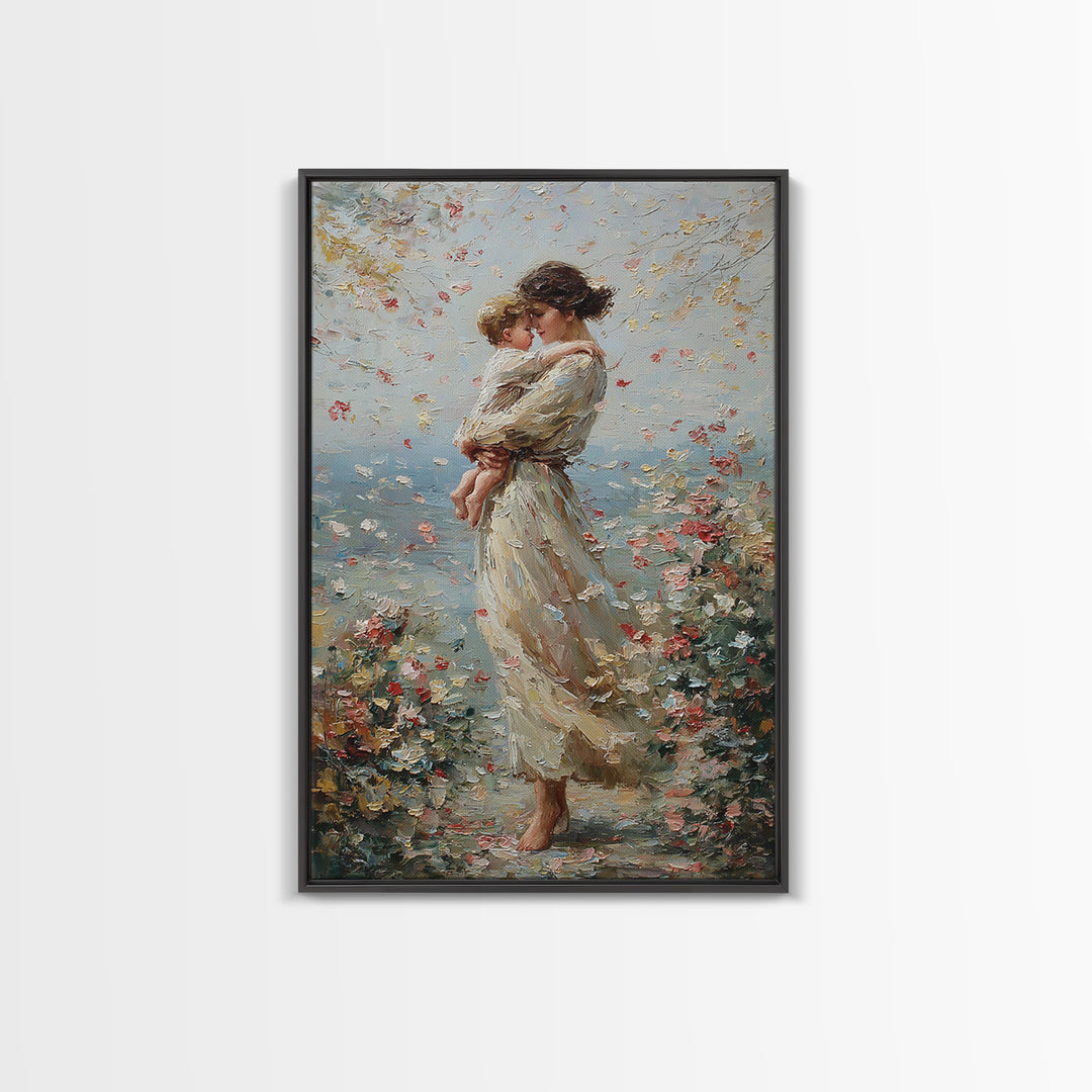 Mother Holding Child By Floral Shore Framed Canvas Print, Impressionist Wall Decor, Living Room Art, Gift For Mom, Housewarming Gift