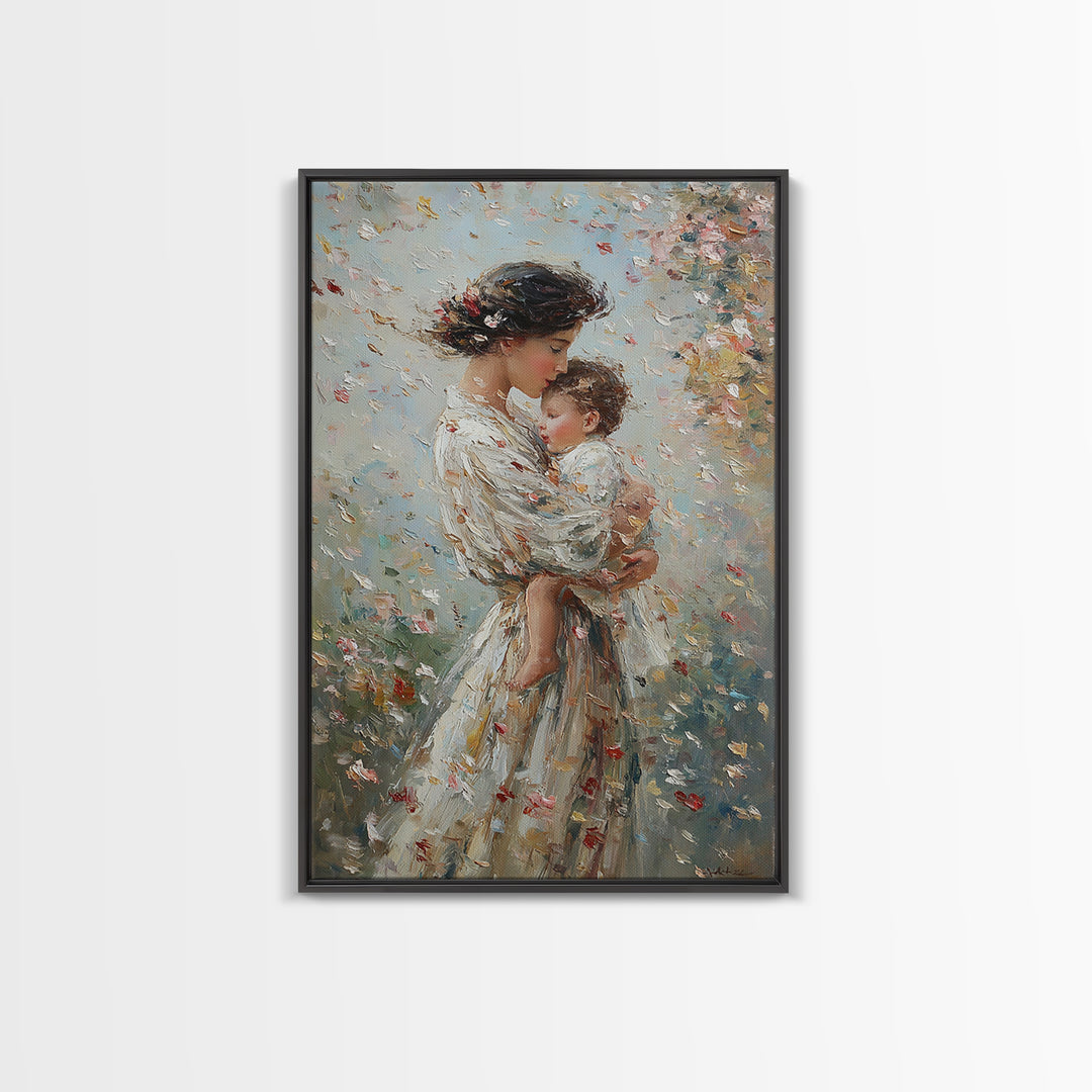 Mother Cradling Baby In Blossom Garden Wall Art, Romantic Impressionist Oil Painting, Feminine Bedroom Decor Gift For Her