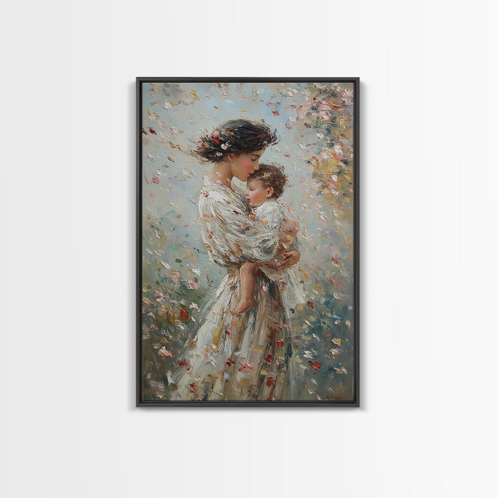 Mother Cradling Baby In Blossom Garden Wall Art, Romantic Impressionist Oil Painting, Feminine Bedroom Decor Gift For Her
