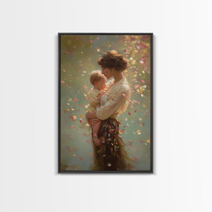 Warm Sunlit Mother And Baby Framed Canvas Print, Floral Impressionist Painting, Soft Feminine Wall Decor, Gift For Mom, Nursery Art