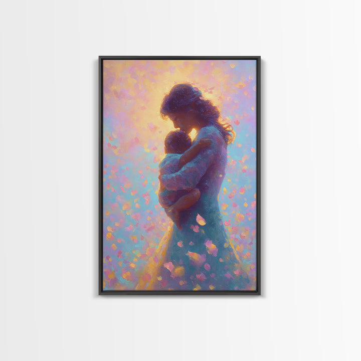 Glowing Mother And Infant Silhouette Canvas Print, Pastel Celestial Floral Petals, Dreamy Nursery Wall Art, Gift For Mom