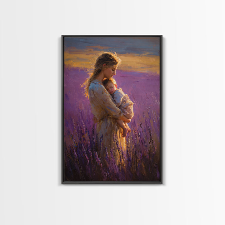 Mother And Sleeping Baby In Lavender Field Wall Art, Sunset Impressionist Oil Painting, Romantic Bedroom Decor, Gift For Mom