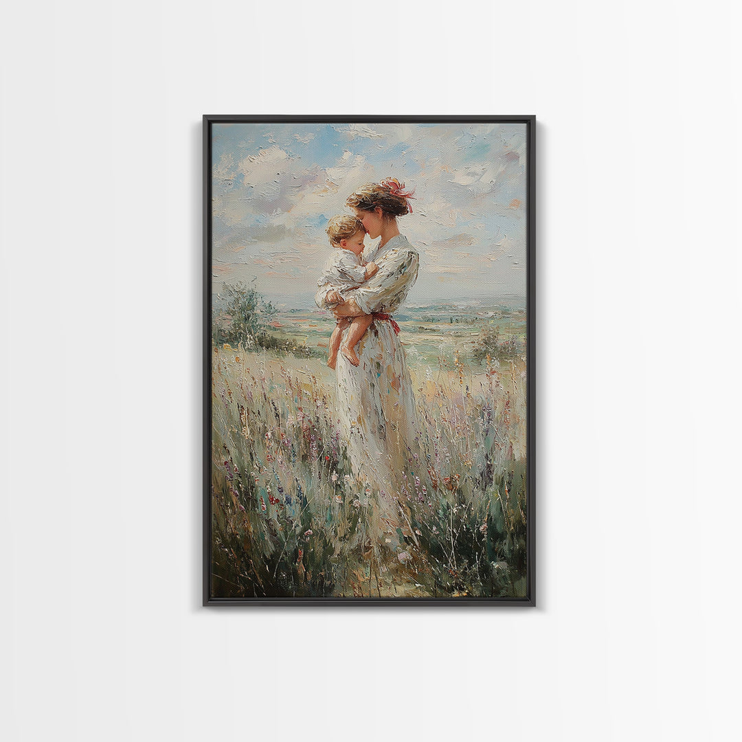 Mother Holding Child In Windy Wildflower Meadow Framed Canvas Print, Impressionist Landscape Wall Decor, Gift For Mom, Home Decor