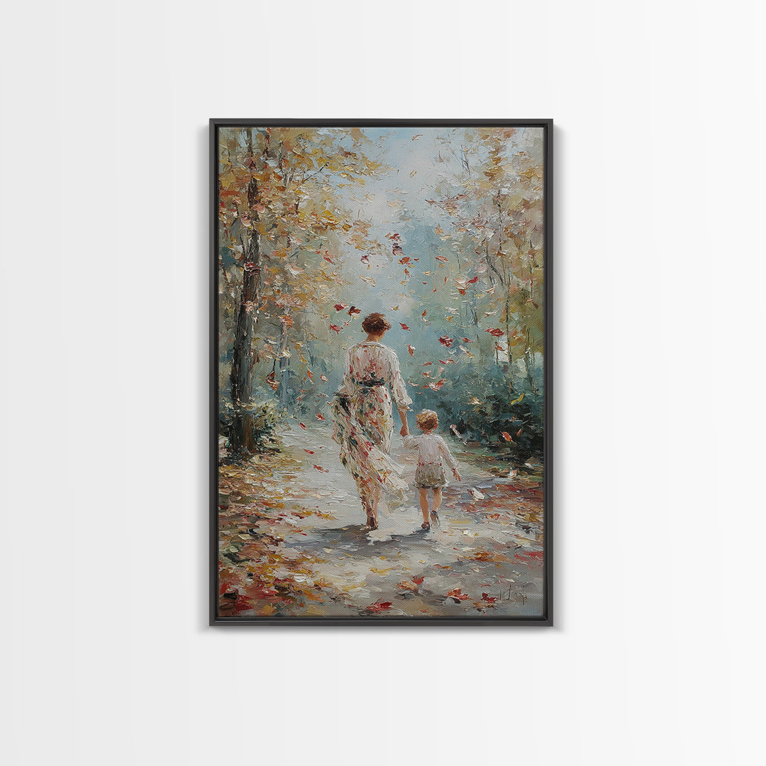 Mother And Child Autumn Walk Wall Art, Impressionist Forest Path Canvas, Cozy Family Decor, Gift For Mom, Living Room Art
