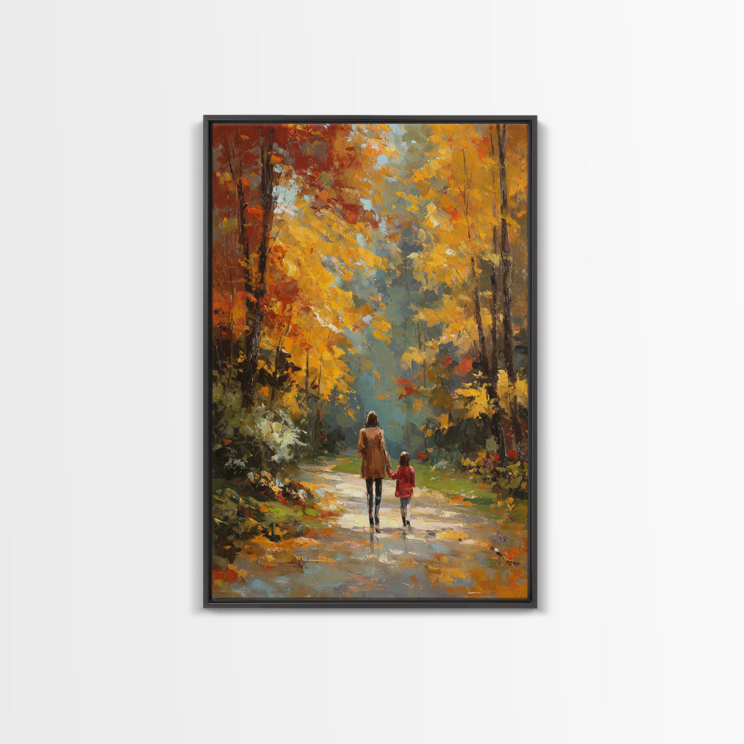 Golden Autumn Forest Walk Canvas Print, Mother Child Path Painting, Vibrant Landscape Wall Decor, Cozy Home Decor, Gift For Her