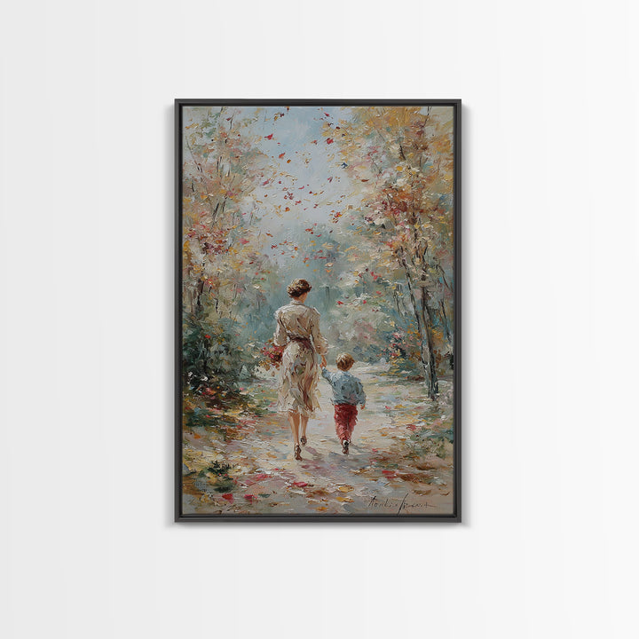 Mother And Son Fall Forest Walk Wall Art, Soft Impressionist Path Painting, Family Home Decor, Living Room Art, Mothers Day Gift