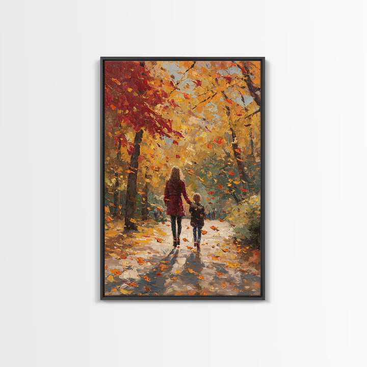 Mother And Child Golden Fall Walk Canvas Print, Red Coat Autumn Trees Painting, Warm Family Decor, Rustic Wall Art, Gift For Mom