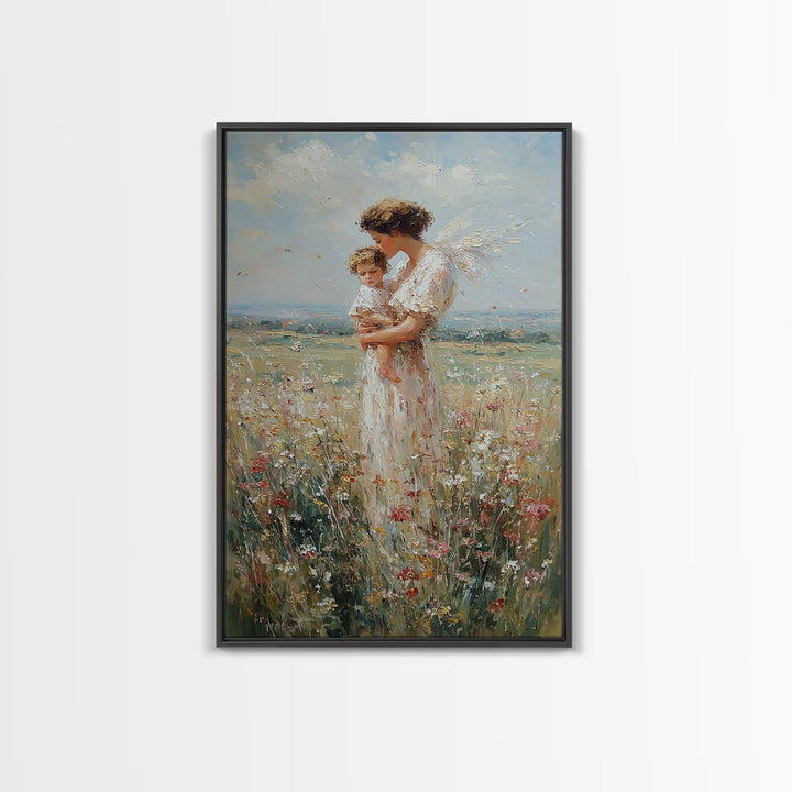 Guardian Angel Holding Child Wall Art, Wildflower Meadow Oil Painting, Christian Nursery Decor, Spiritual Gift For Mom, Fine Art