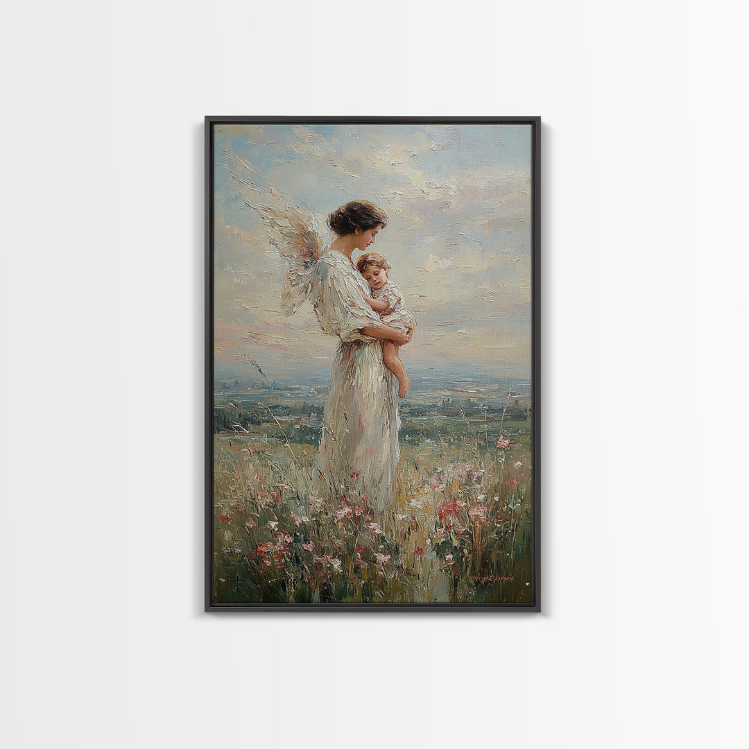 Guardian Angel Mother Holding Baby In Wildflower Meadow Wall Art, Christian Nursery Decor, Motherhood Gift, Fine Art Print