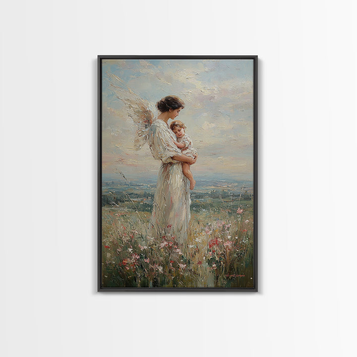 Guardian Angel Mother Holding Baby In Wildflower Meadow Wall Art, Christian Nursery Decor, Motherhood Gift, Fine Art Print