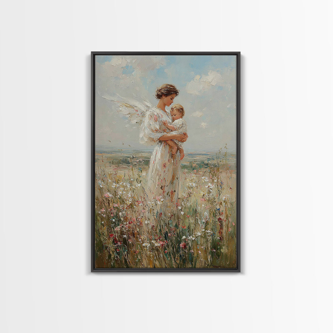 Serene Angel Mother Cradling Baby In Flower Field Framed Canvas Print, Christian Wall Art, Nursery Decor, Gift For Her And Mom