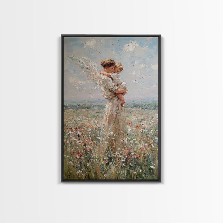 Protective Angel Mother And Child In Windy Meadow Canvas Print, Christian Wall Art, Nursery Art, Motherhood Gift For Her