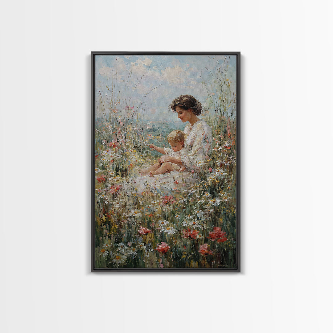 Mother And Child Resting In Daisy And Poppy Meadow Wall Art, Impressionist Floral Decor, Nursery Art Print, Gift For Mom