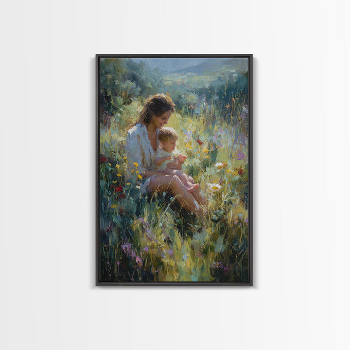 Glowing Mother And Baby In Mountain Wildflower Meadow Wall Art, Impressionist Landscape Decor, Nursery Art, Gift For Mom