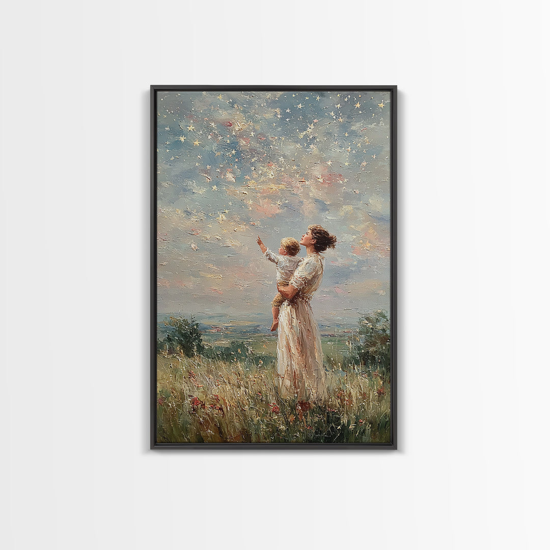 Mother Holding Child Beneath Starry Sky In Meadow Framed Canvas Print, Celestial Wall Art, Christian Nursery Decor, Gift
