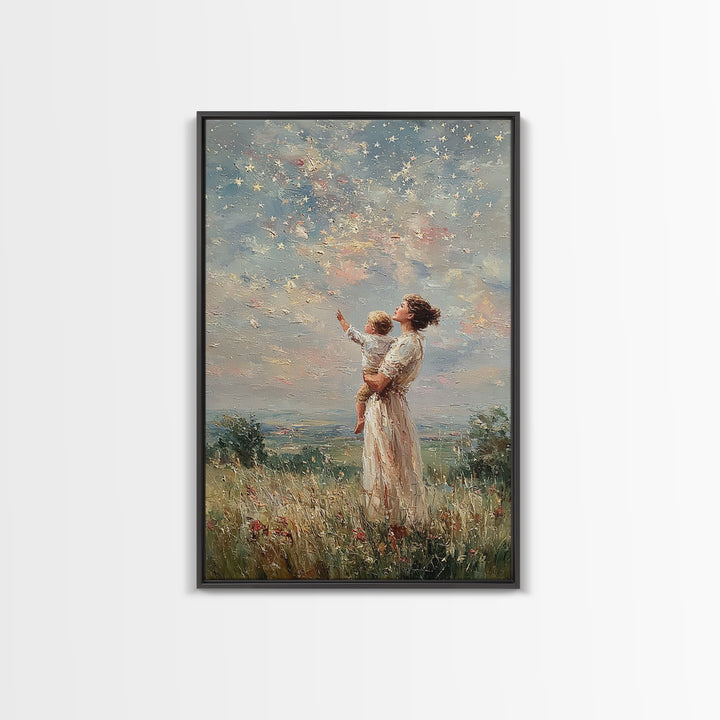 Mother Holding Child Beneath Starry Sky In Meadow Framed Canvas Print, Celestial Wall Art, Christian Nursery Decor, Gift
