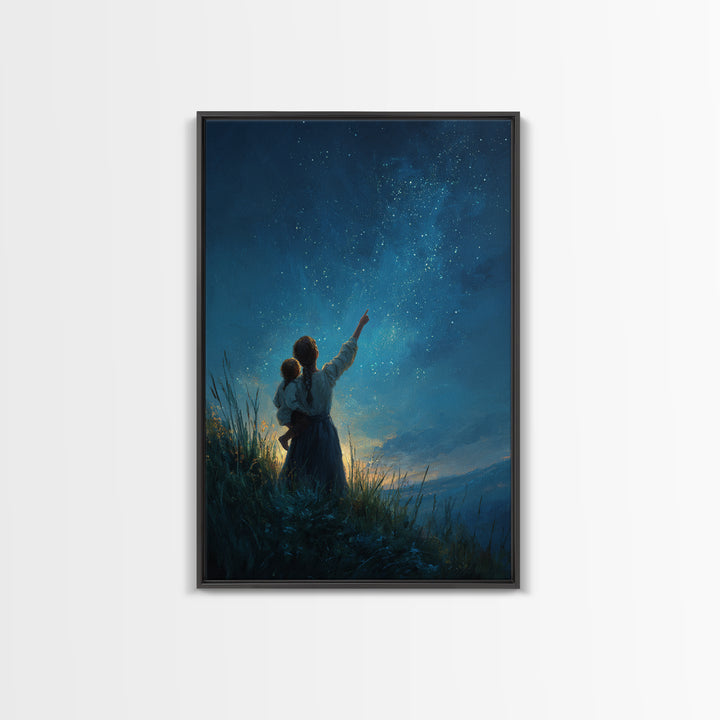 Mother And Child Stargazing At Milky Way Framed Canvas Print, Celestial Wall Art, Night Sky Decor, Nursery Gift, Mystical Home Decor