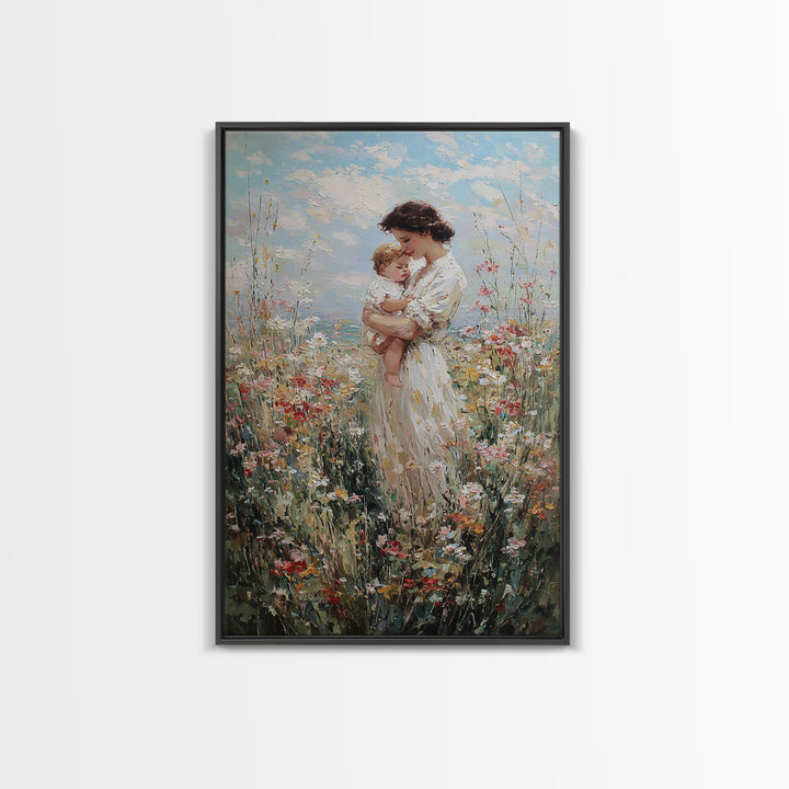 Mother Holding Baby In Sunlit Wildflowers Framed Canvas Print, Impressionist Floral Wall Art, Motherhood Gift, Nursery Decor