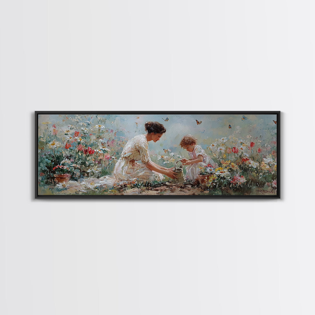 Mother And Child Garden Wall Art, Impressionist Wildflower Meadow Canvas Print, Feminine Nursery Decor Gift For Mom Home Decor