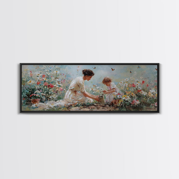 Mother And Child Garden Wall Art, Impressionist Wildflower Meadow Canvas Print, Feminine Nursery Decor Gift For Mom Home Decor