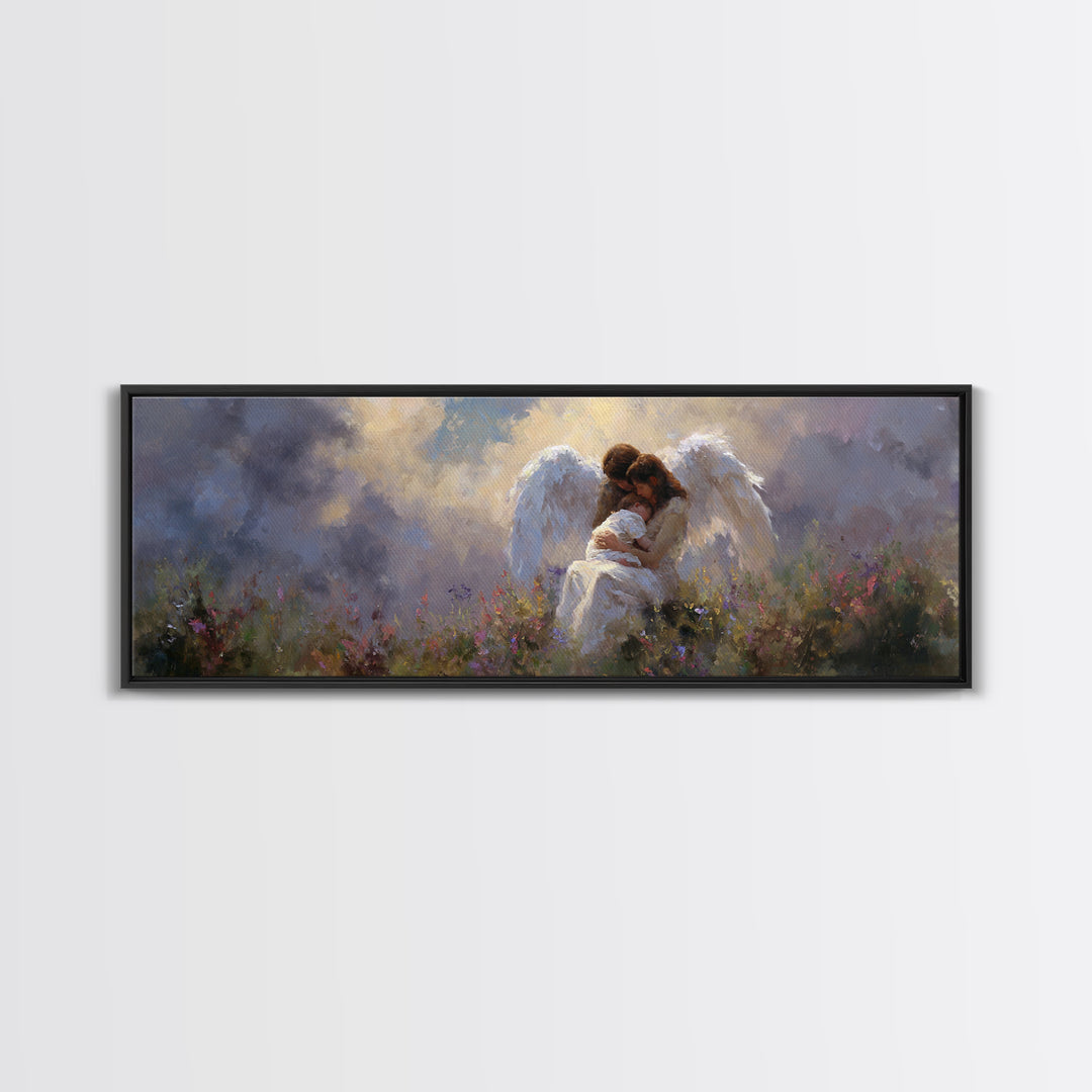Guardian Angel And Child Wall Art, Ethereal Wildflower Meadow Framed Canvas Print, Christian Nursery Decor Gift For Baby Room