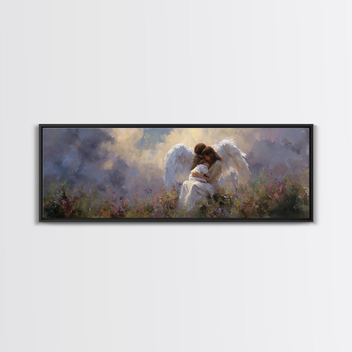 Guardian Angel And Child Wall Art, Ethereal Wildflower Meadow Framed Canvas Print, Christian Nursery Decor Gift For Baby Room