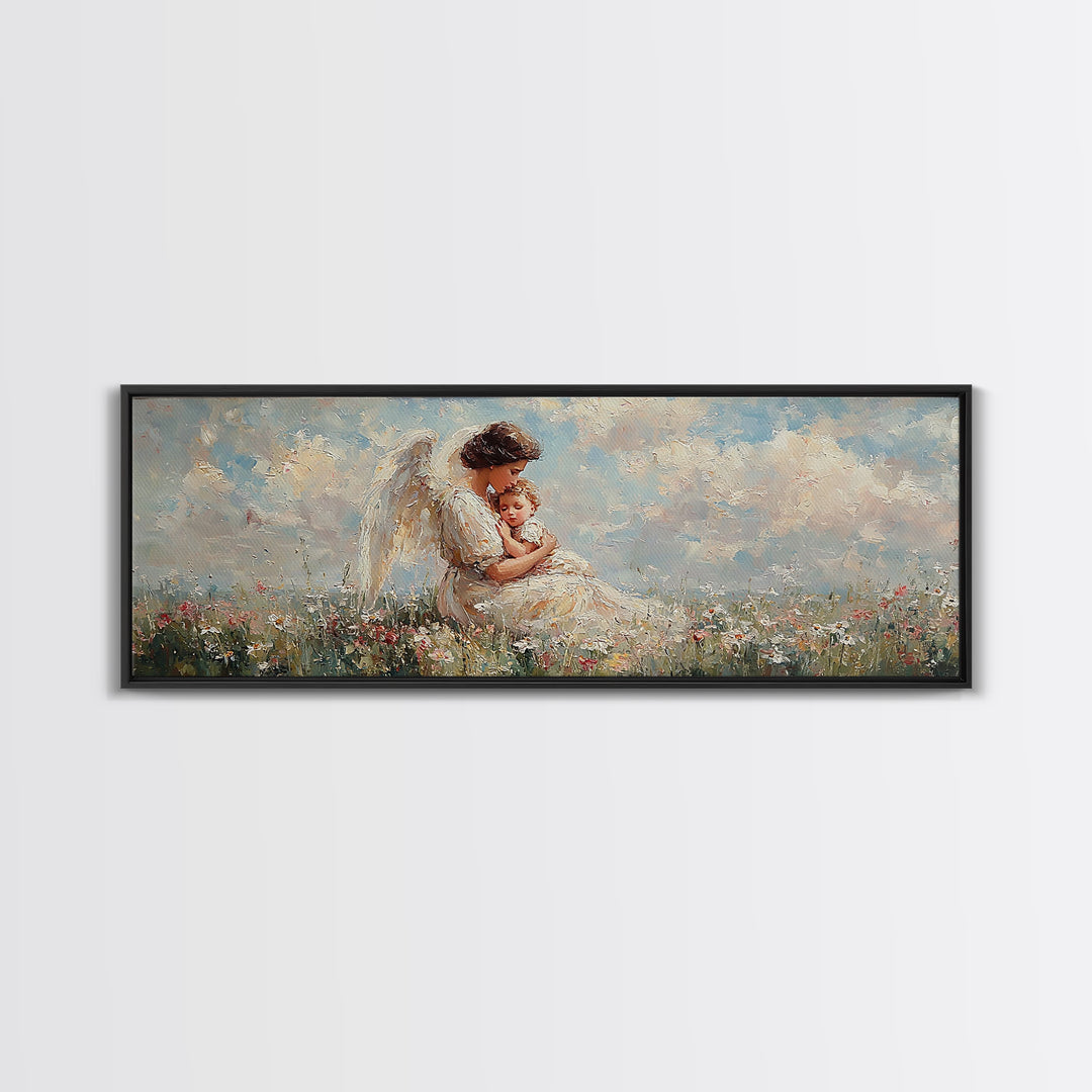 Angel Mother Holding Baby Wall Art, White Wings Wildflower Field Canvas Print, Christian Nursery Decor Gift For Mom Home Decor