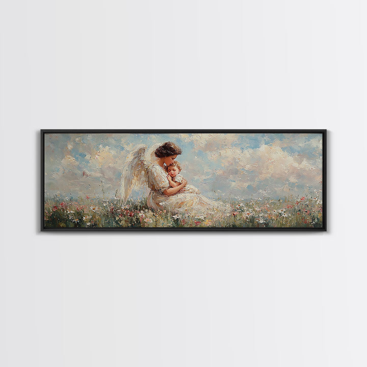 Angel Mother Holding Baby Wall Art, White Wings Wildflower Field Canvas Print, Christian Nursery Decor Gift For Mom Home Decor