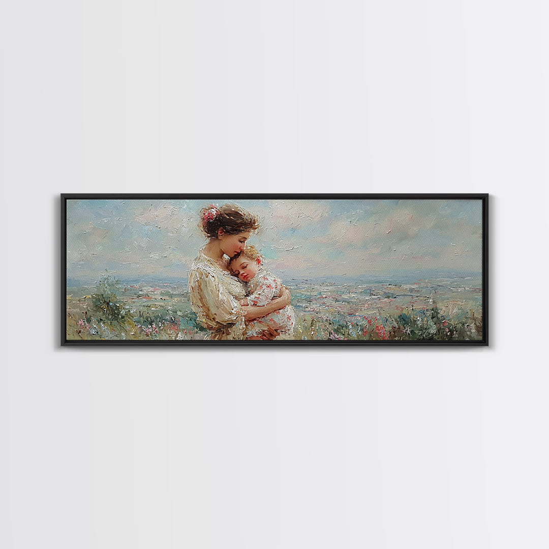 Mother Holding Sleeping Baby Wall Art, Tender Wildflower Landscape Canvas Print, Feminine Nursery Decor Gift For Mom Home Decor