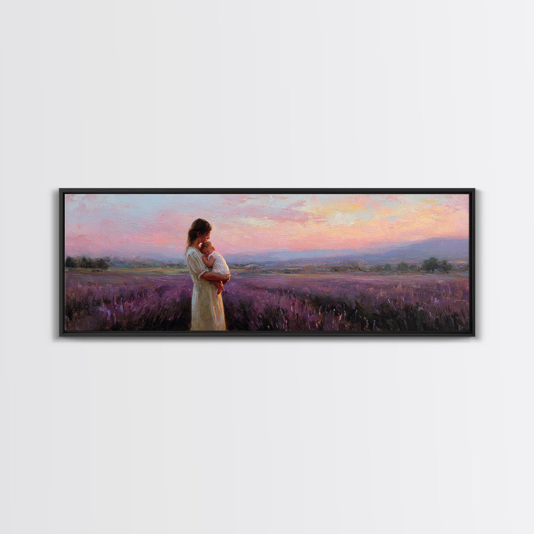 Mother And Baby Lavender Field Wall Art, Sunset Landscape Canvas Print, Purple Romantic Bedroom Decor Gift For Mom Home Decor