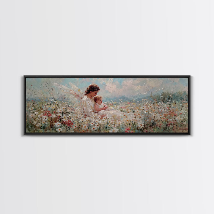 Angel Mother And Baby Daisy Meadow Wall Art, Heavenly Wildflower Canvas Print, Christian Nursery Decor Gift For Mom Home Decor