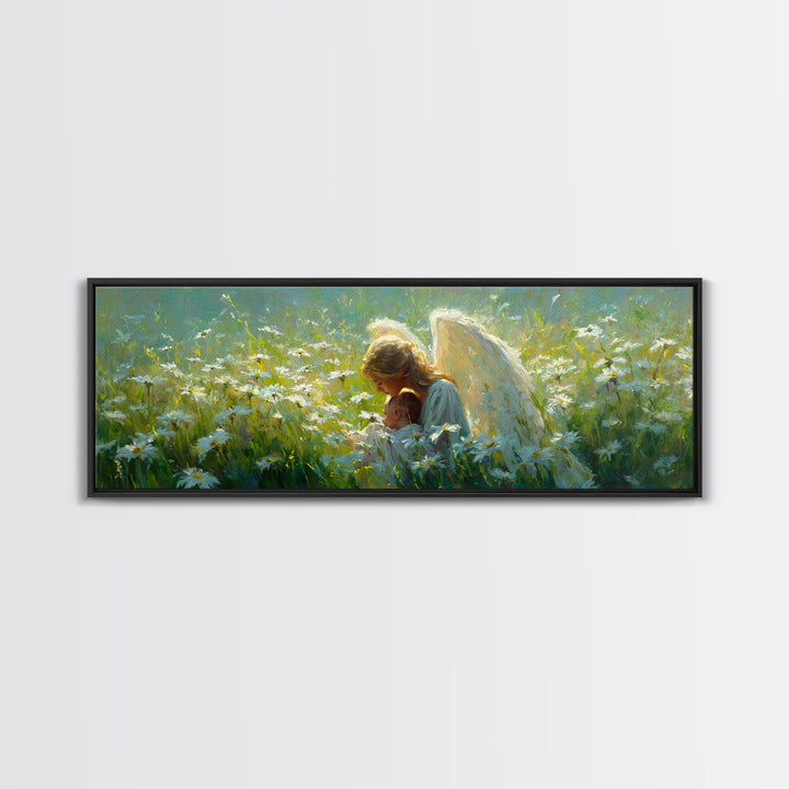 Guardian Angel Holding Baby In Daisy Meadow Framed Canvas Print, Christian Wall Art, Nursery Decor, Motherhood Gift For Her