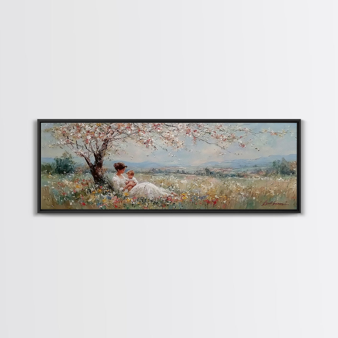 Mother And Baby Under White Blossom Tree In Meadow Framed Canvas Print, Floral Wall Art, Valley Landscape, Nursery Decor