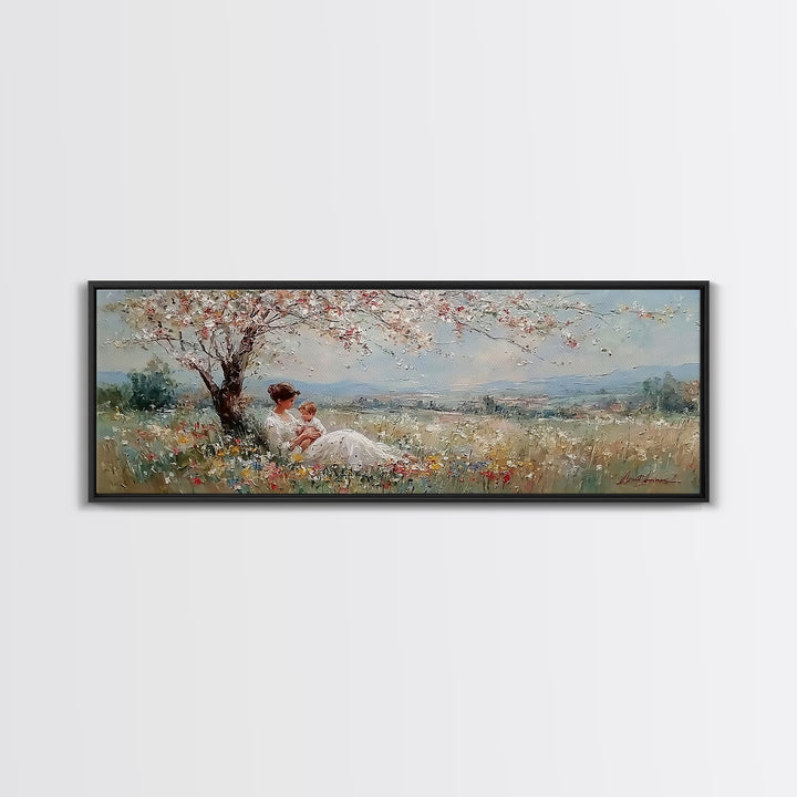 Mother And Baby Under White Blossom Tree In Meadow Framed Canvas Print, Floral Wall Art, Valley Landscape, Nursery Decor