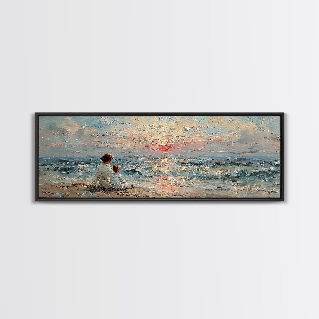 Mother And Child Watching Ocean Sunset Wall Art, Coastal Nursery Decor, Beach House Art, Seascape Painting, Gift For Mom