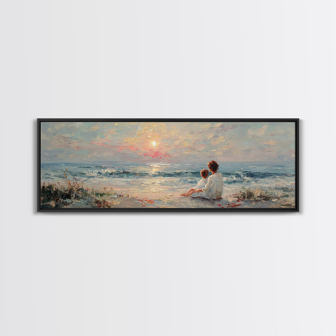 Mother And Child Sitting By Seaside Sunset Canvas Print, Coastal Wall Art, Beach House Decor, Ocean Painting, Gift For Mom