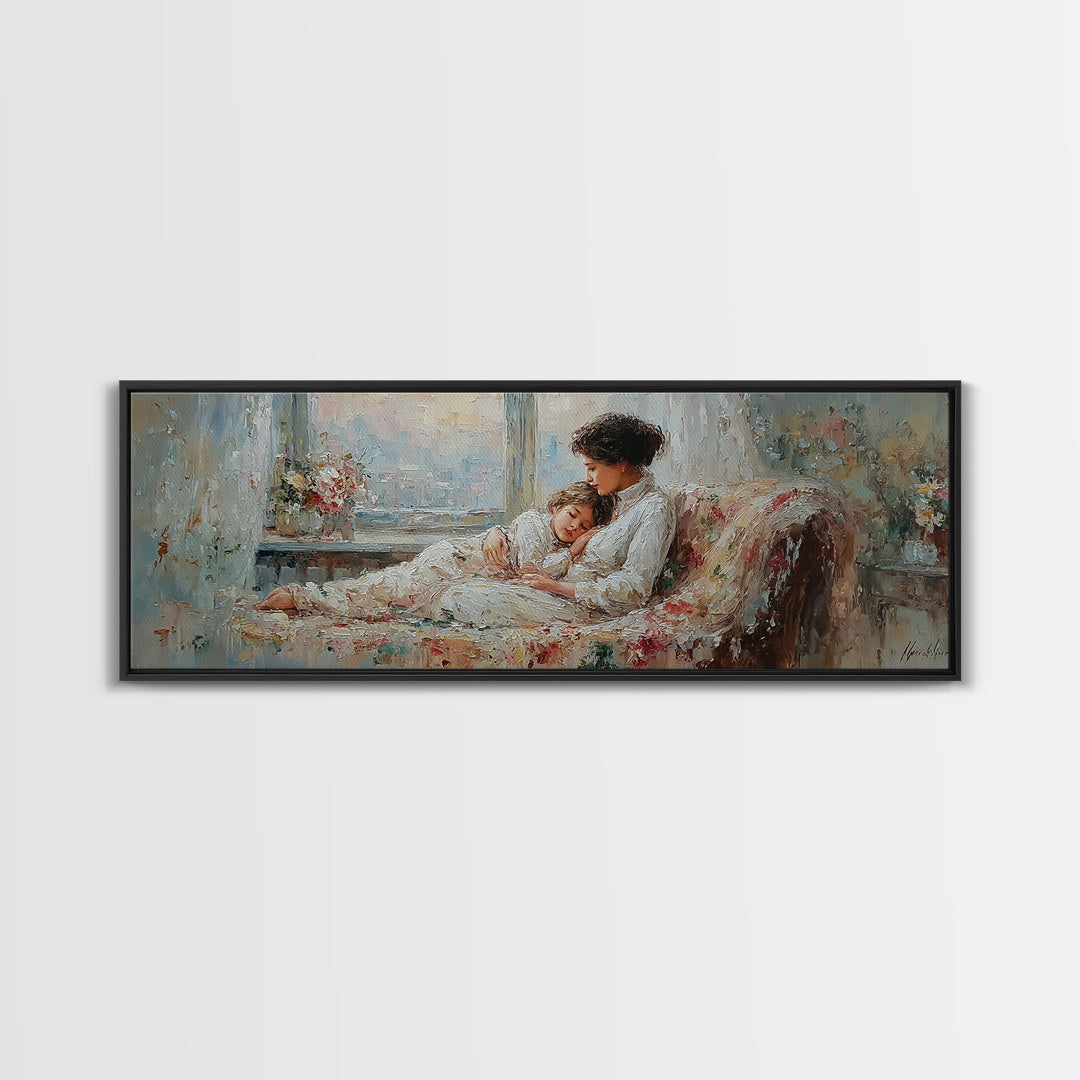 Sleeping Mother And Child On Floral Sofa Wall Art, Cozy Bedroom Decor, Impressionist Motherhood Canvas Print Gift For Mom