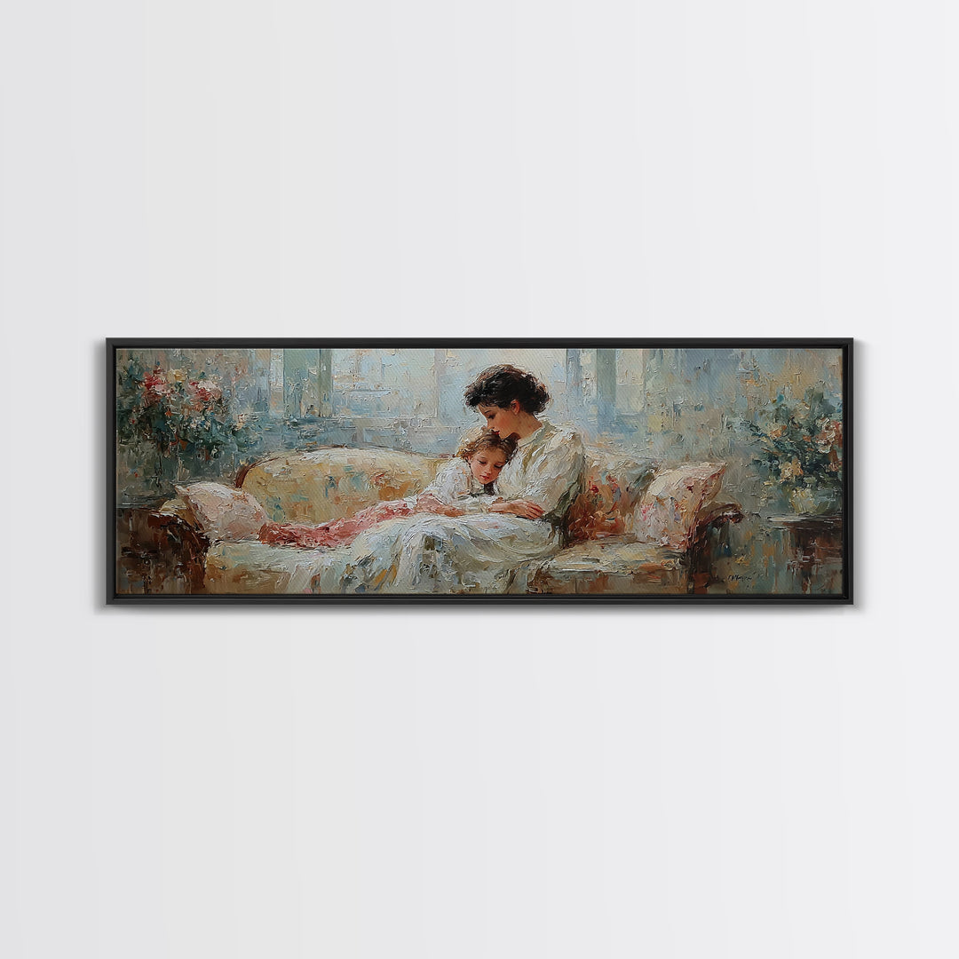 Mother And Child Reading On Floral Sofa Framed Canvas Print, Cozy Home Decor, Feminine Bedroom Wall Art Gift For Her Nursery Decor