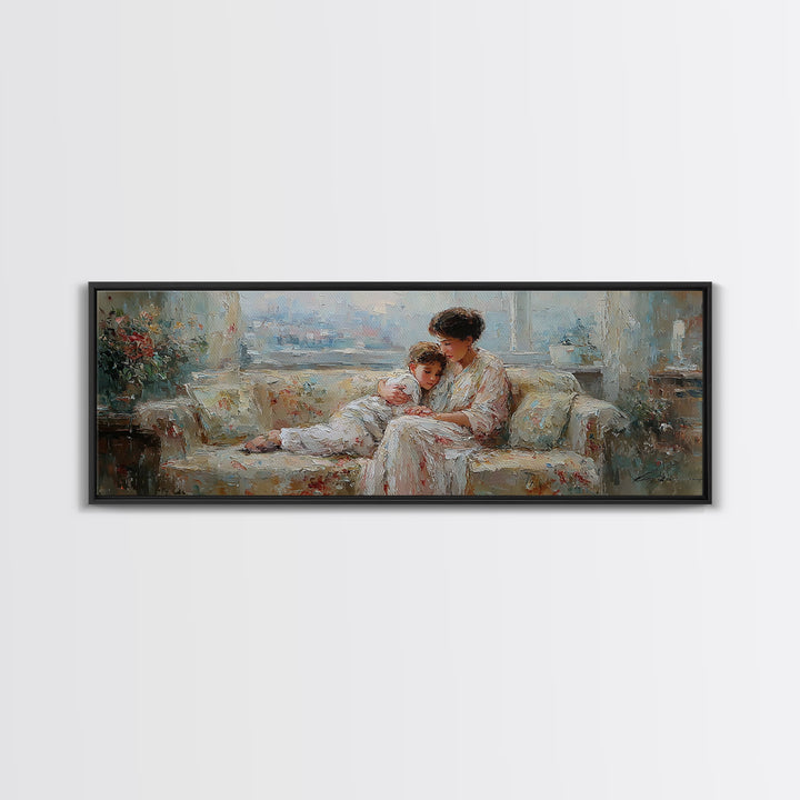Mother And Child On Floral Sofa Framed Canvas Print, Impressionist Nursery Decor, Feminine Bedroom Wall Art, Gift For Her