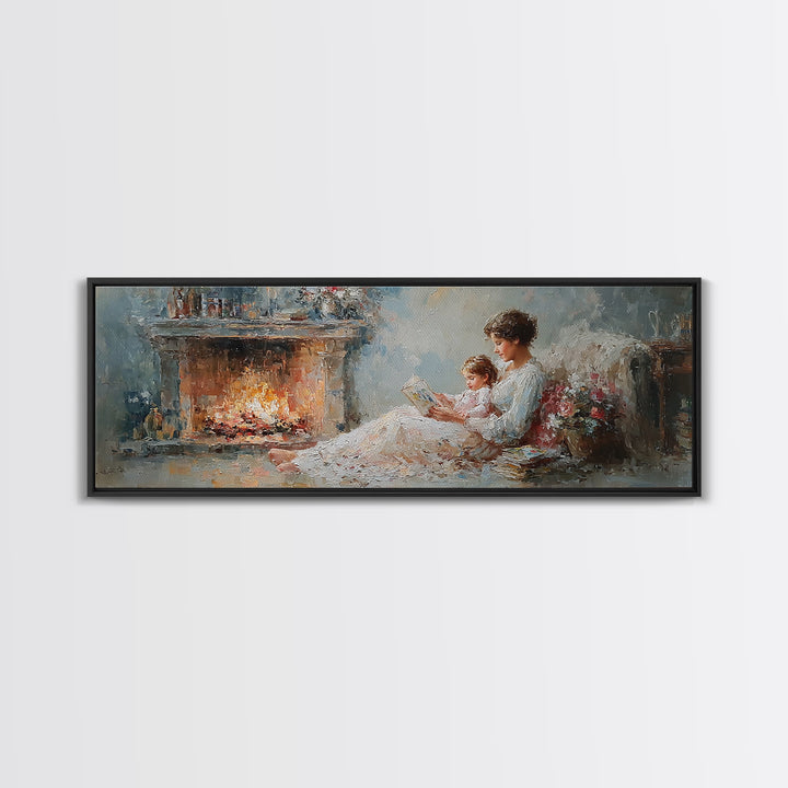 Mother Reading By Fireplace With Child Canvas Print, Cozy Bedroom Wall Art, Impressionist Living Room Decor, Gift For Mom