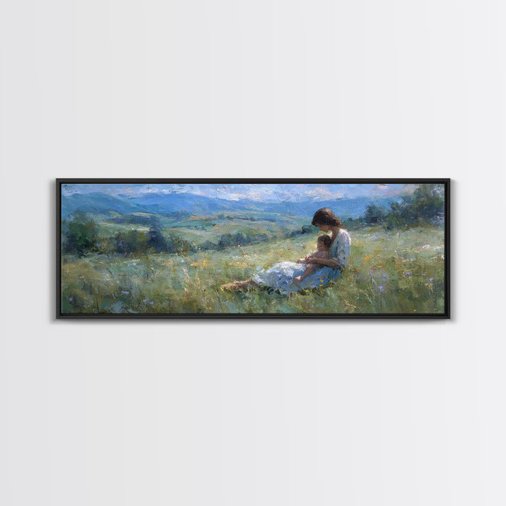 Mother And Child In Blue Mountain Meadow Canvas Print, Impressionist Landscape Wall Art, Peaceful Bedroom Decor, Gift For Her