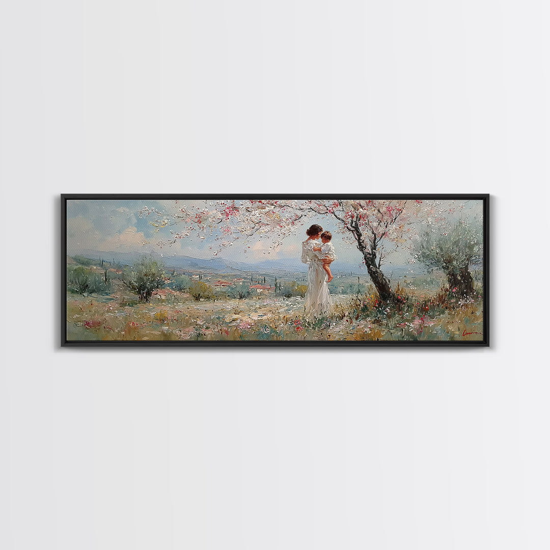 Mother And Baby Under Blossoming Tree Framed Canvas Print, Impressionist Spring Landscape Wall Decor, Nursery Art Gift For Her