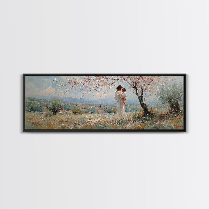Mother And Baby Under Blossoming Tree Framed Canvas Print, Impressionist Spring Landscape Wall Decor, Nursery Art Gift For Her