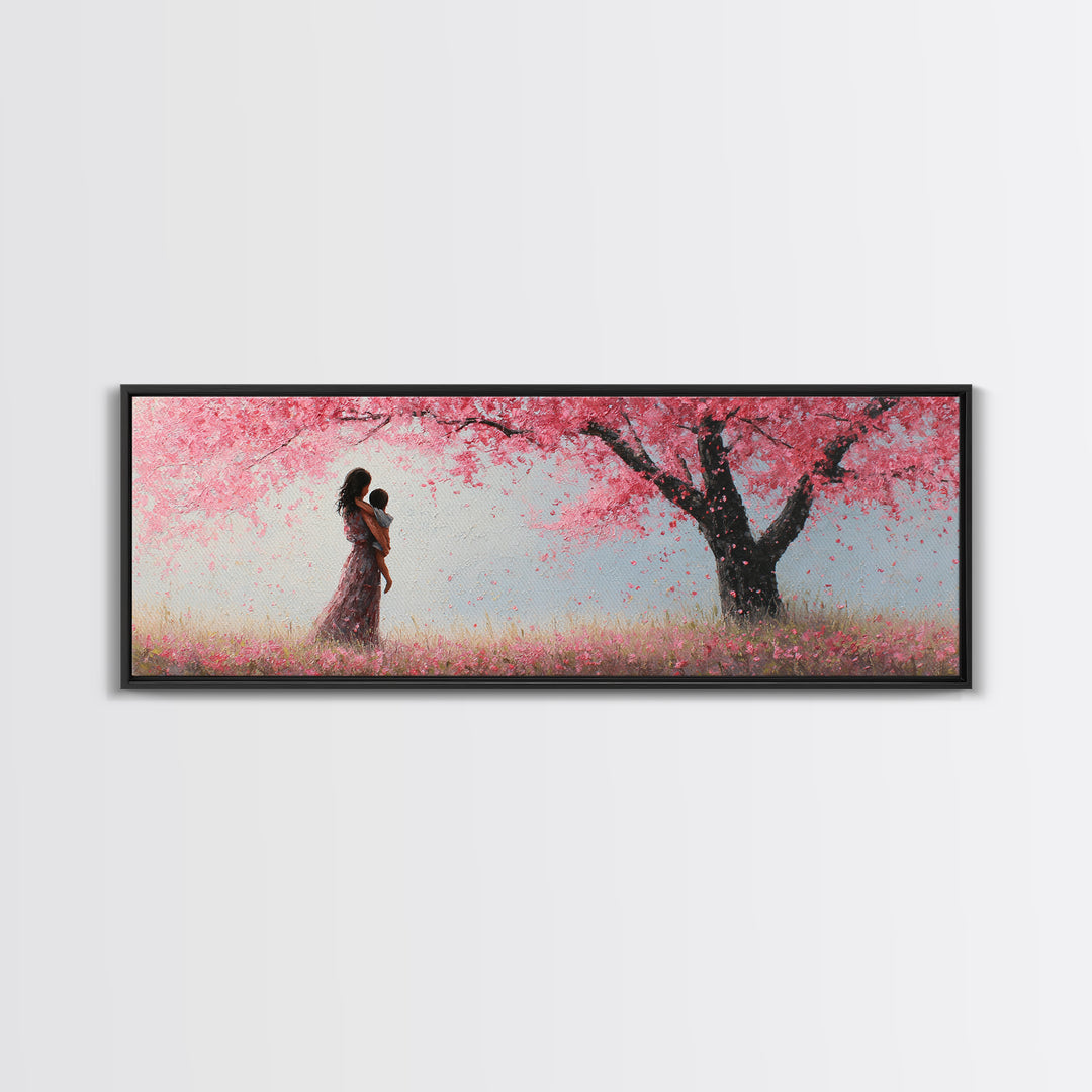 Mother And Infant Beneath Pink Cherry Blossoms Wall Art, Romantic Spring Nursery Decor, Feminine Canvas Art Gift For Her