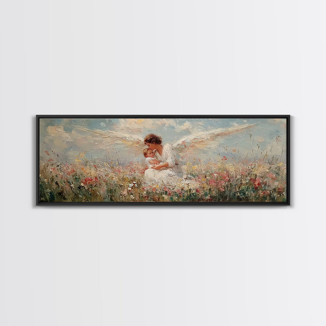 Curly Haired Angel Holding Baby In Flowers Canvas Print, Christian Wall Art, Spiritual Nursery Decor, Baptism Gift For Baby