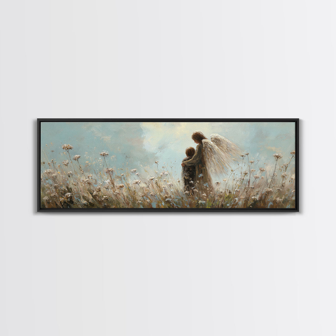 Guardian Angel Walking With Child In Meadow Wall Art, Soft Blue Wildflower Canvas Print, Christian Nursery Decor Gift For Mom